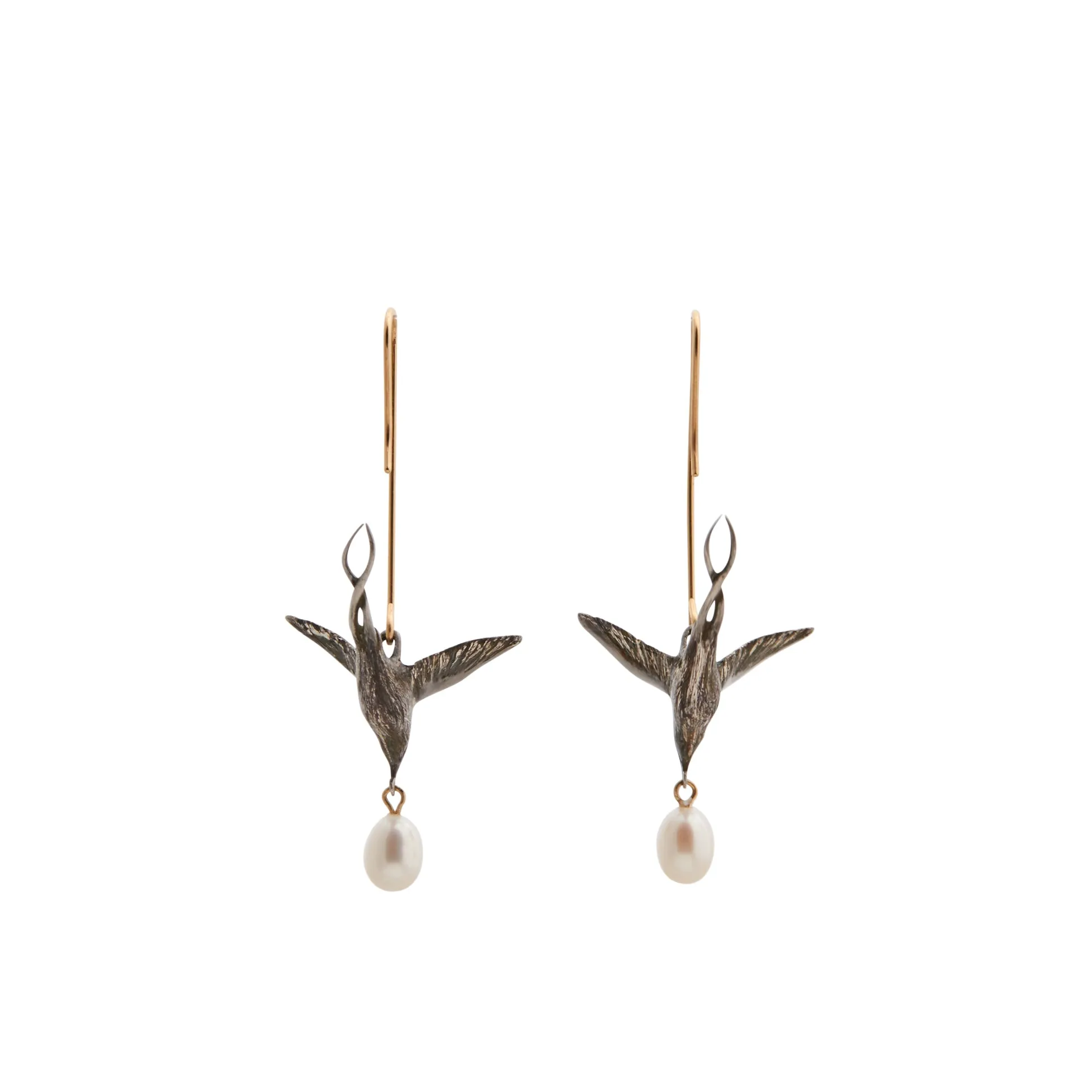 Gabriella Kiss Silver Flying Bird Earrings with White Pearl Drops