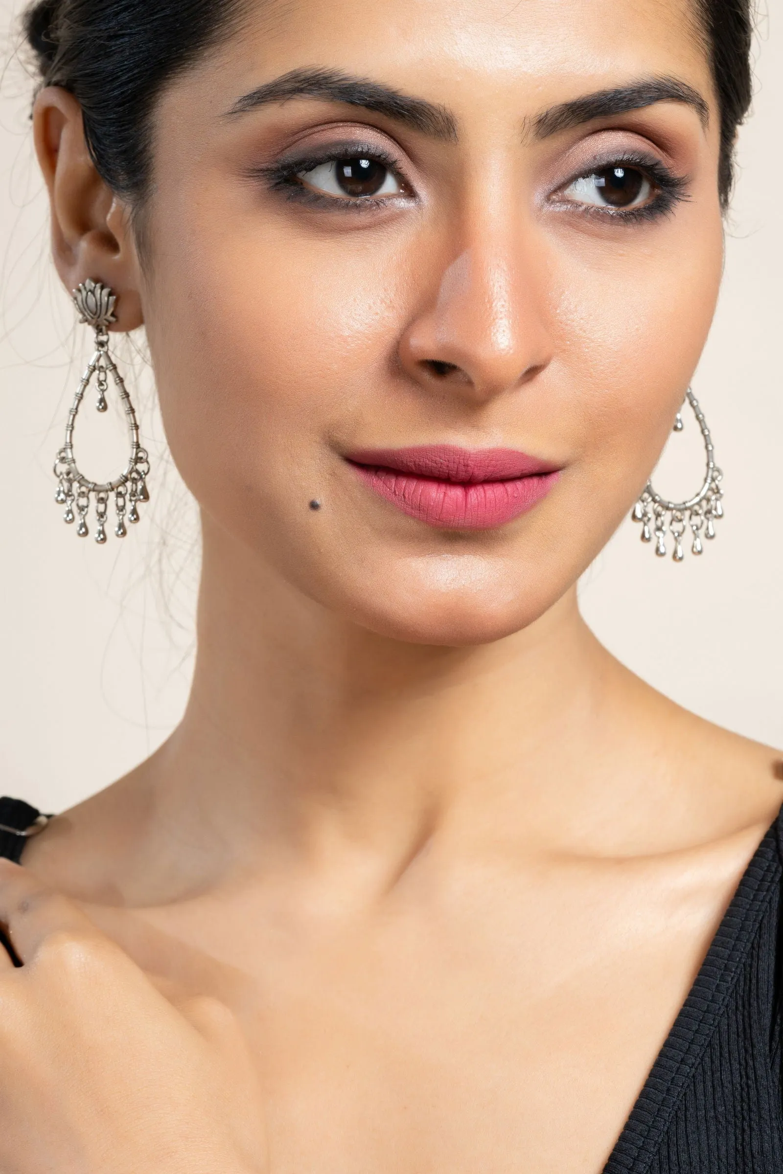 German Silver Handmade Lotus Stud Drop Chandbali Earrings for Daily and Occasional Wear