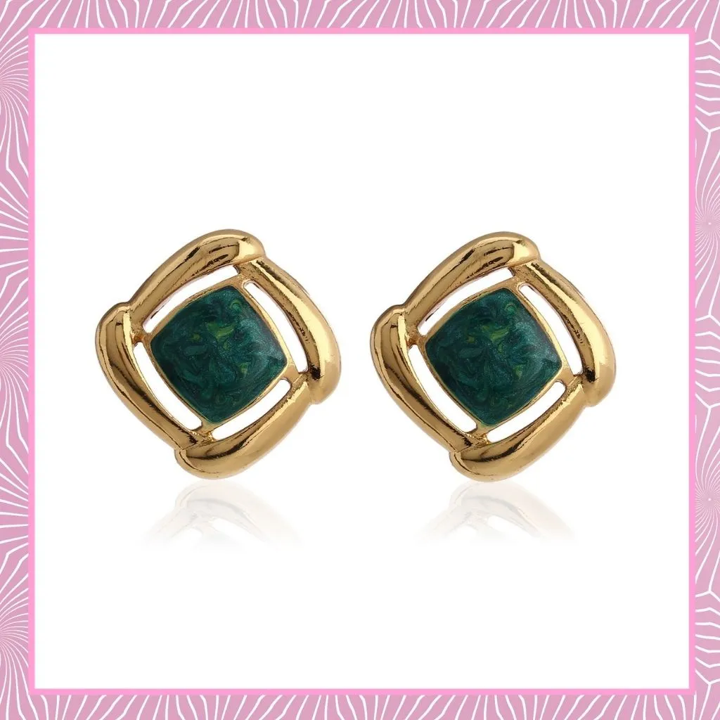 Gift Gold With Green Enamel Earrings