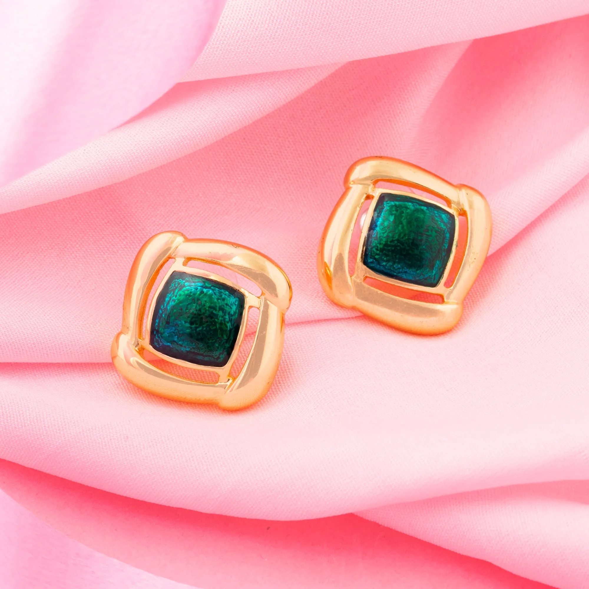 Gift Gold With Green Enamel Earrings