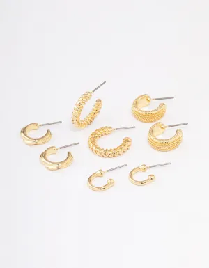 Gold Plated Textured Chunky Hoop Earrings 4-Pack