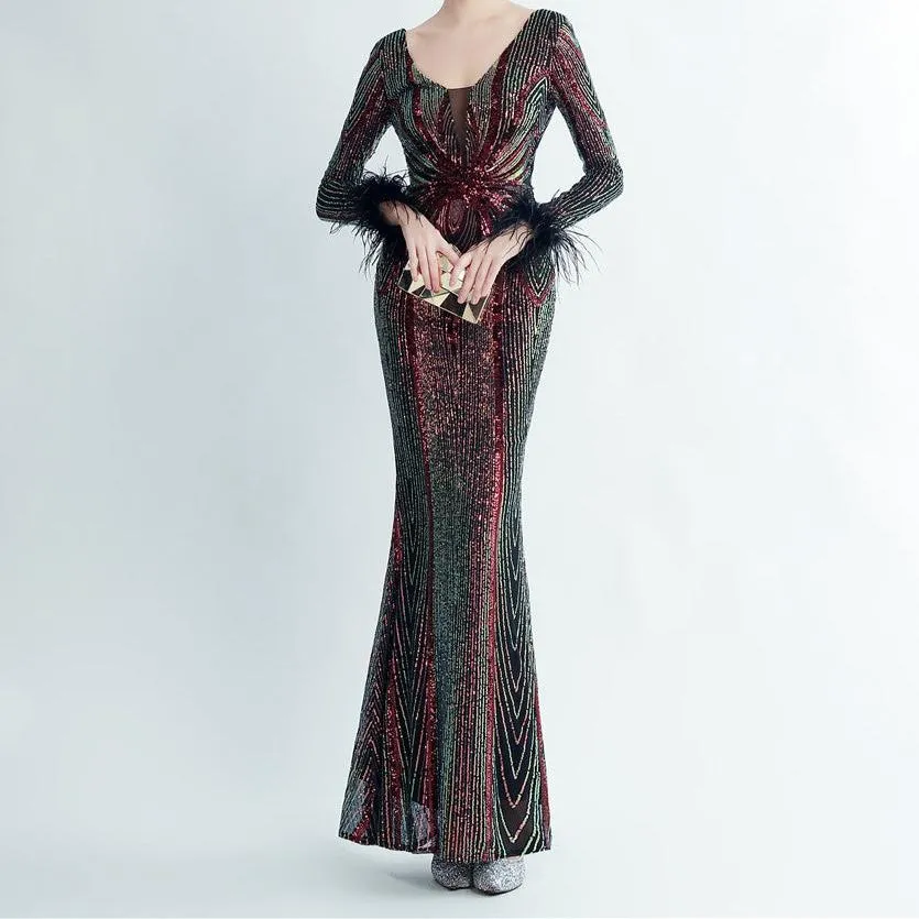 Grace V neck Sequin Long Sleeves Mermaid Dress