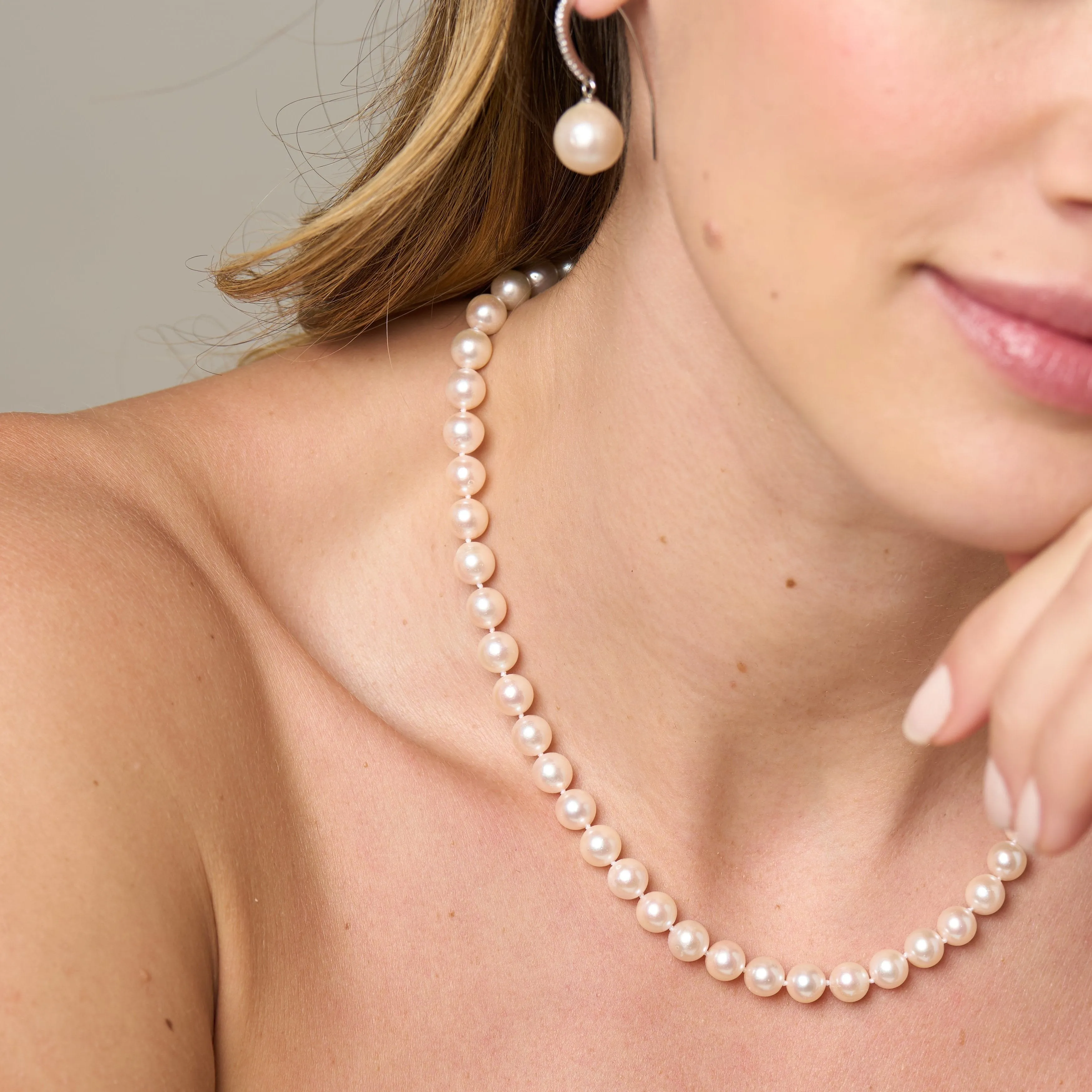 Gratia 7mm almost round cultured akoya pearl necklace on 14kt gold clasp