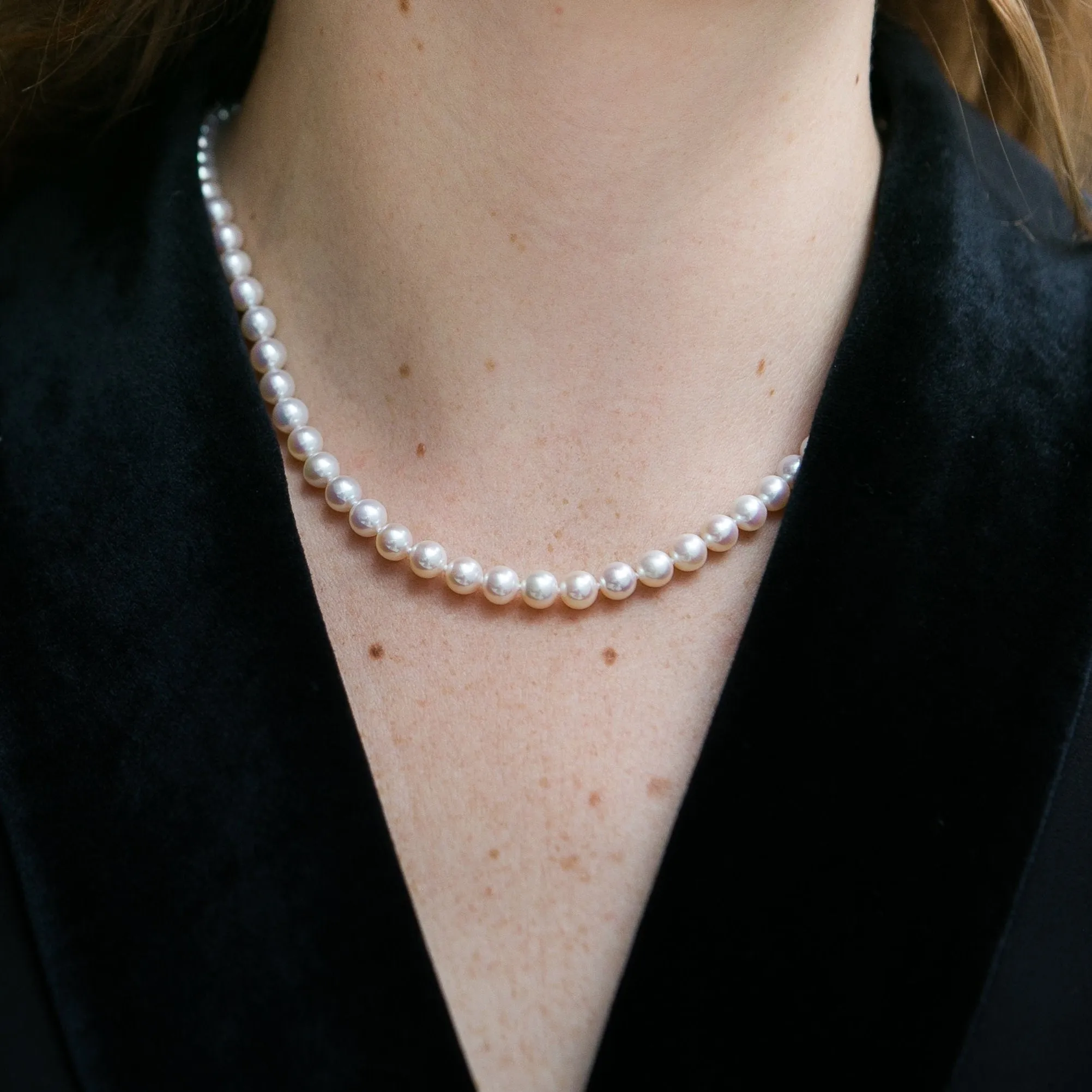 Gratia 7mm almost round cultured akoya pearl necklace on 14kt gold clasp