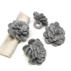 Hand Crafted Felt: Set of 4 Napkin Rings, Steel Grey Zinnias