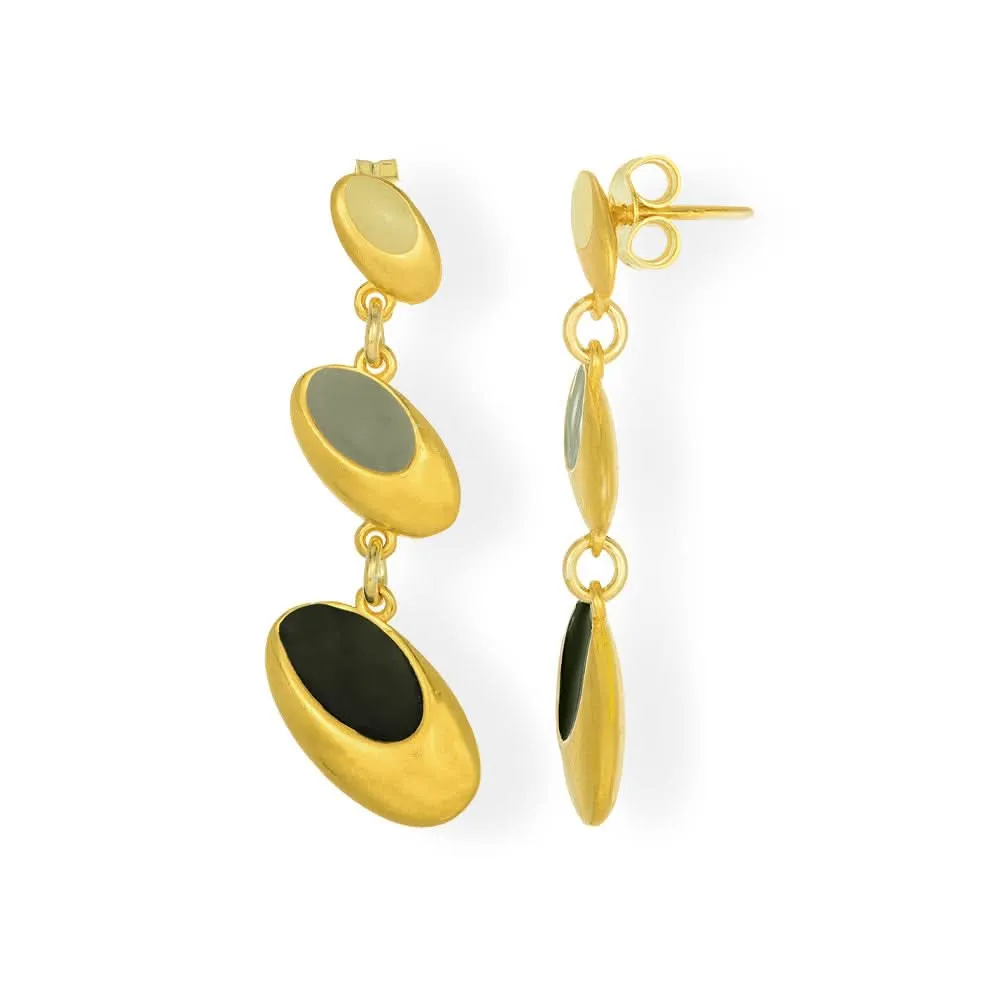 Handmade Gold Plated Silver Dangle Earrings with Black & Gray Enamel