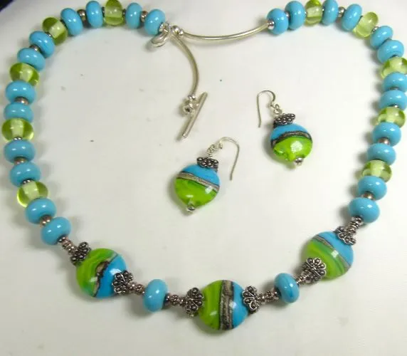 Handmade Lime and Aqua Lampwork Bead Necklace and Earrings