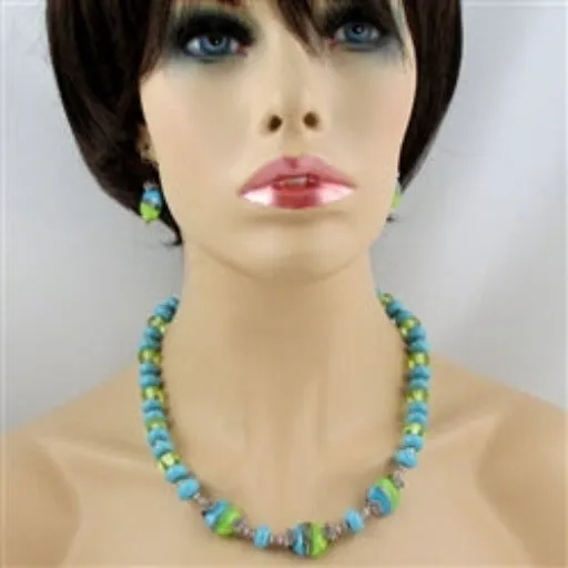 Handmade Lime and Aqua Lampwork Bead Necklace and Earrings