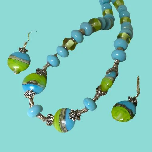 Handmade Lime and Aqua Lampwork Bead Necklace and Earrings