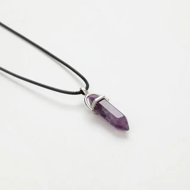 Hexagonal Column Necklaces Natural Crystal Pendants Pink Purple Stone Pendant Leather Chains Necklace For Women Fine Jewelry