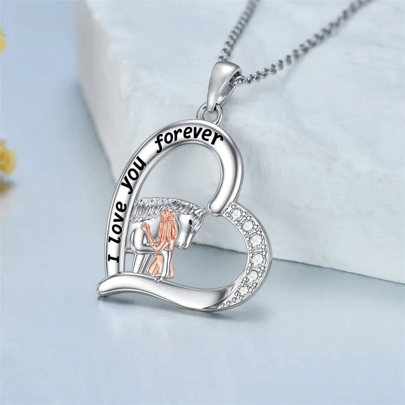 Horse and Girl Necklace 925 Sterling Silver Pendant Animal Jewelry for Women Girls Daughter Mom Birthday Gifts