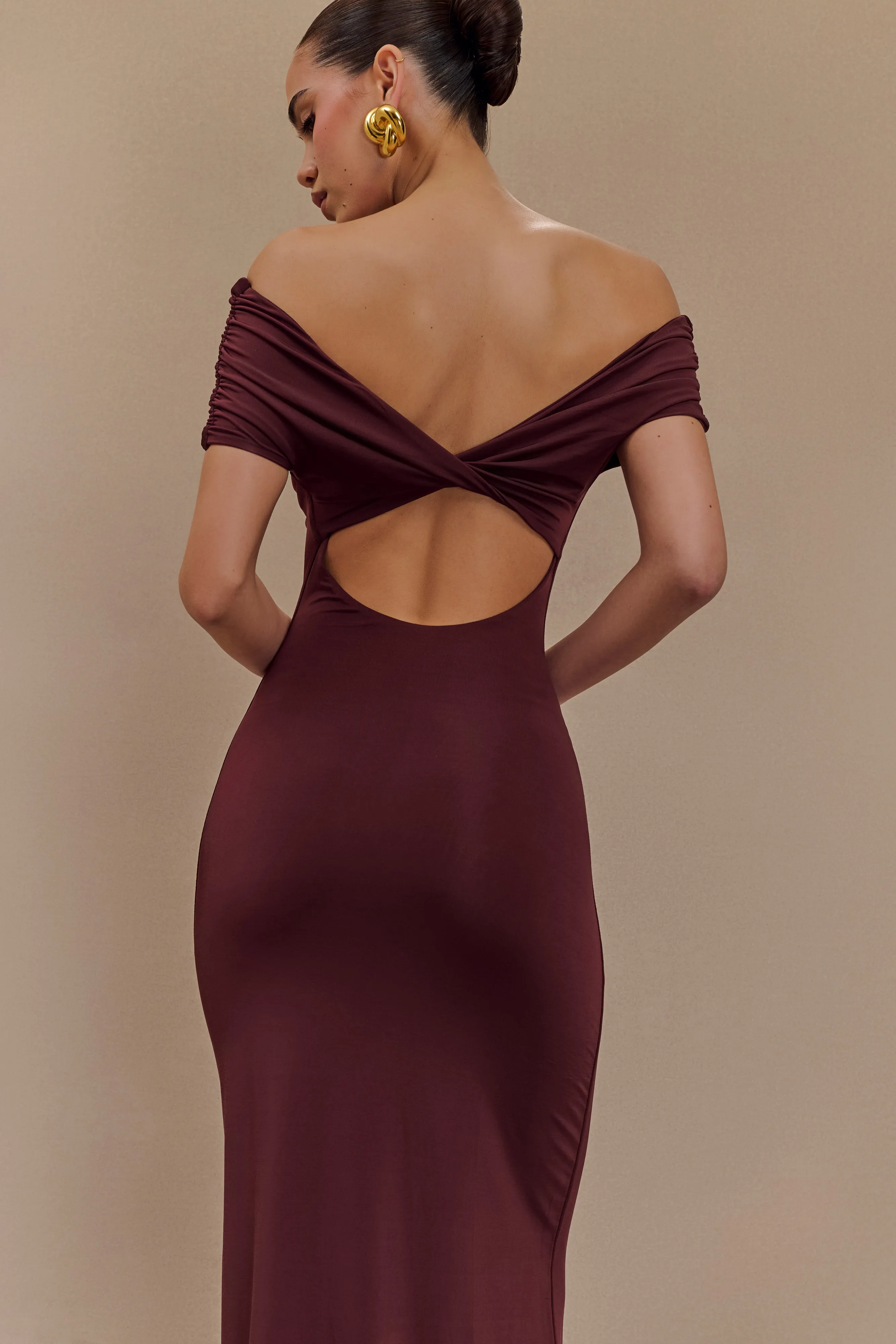 Imogen Off Shoulder Slinky Maxi Dress - Mahogany