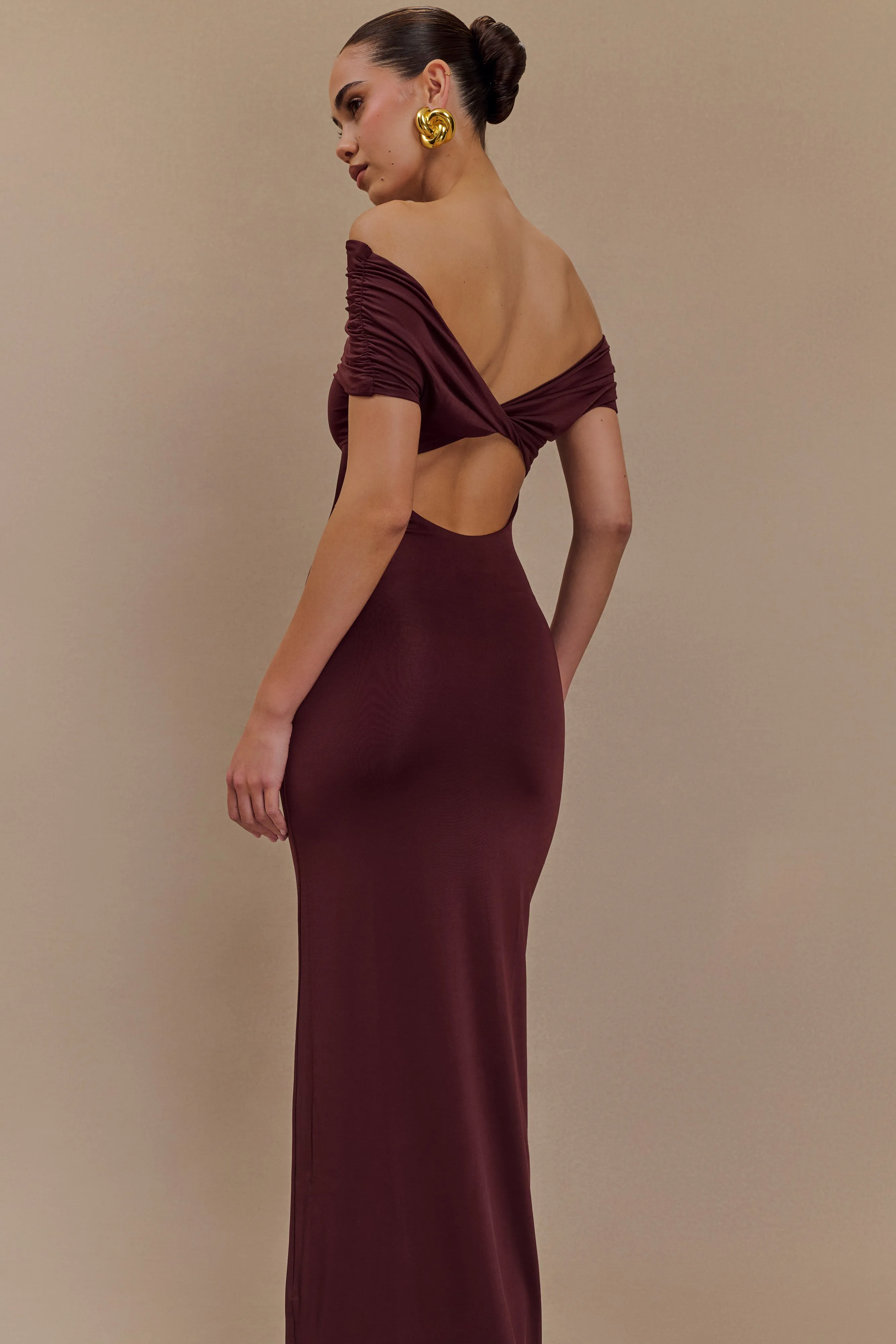 Imogen Off Shoulder Slinky Maxi Dress - Mahogany