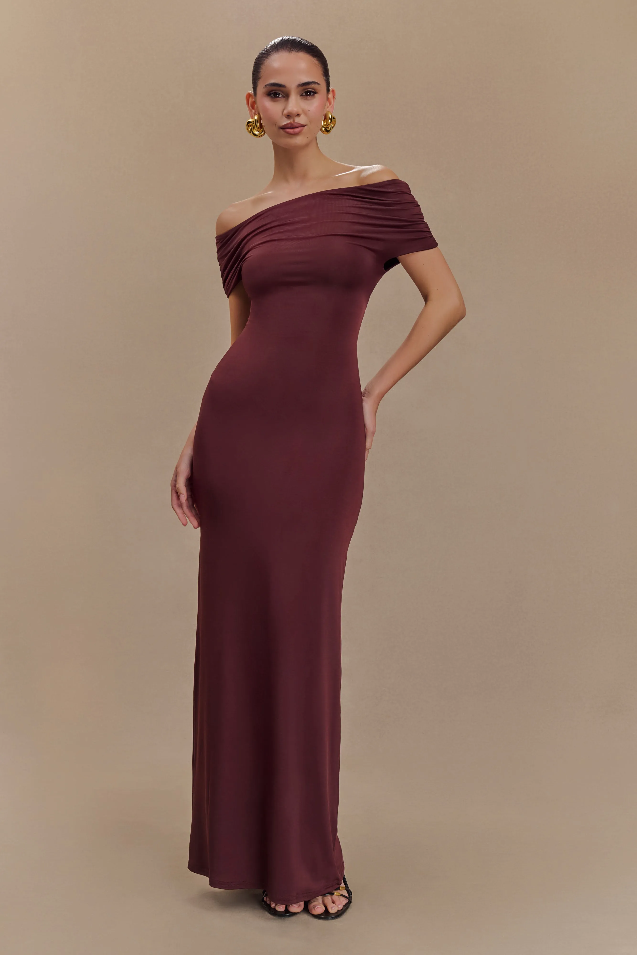 Imogen Off Shoulder Slinky Maxi Dress - Mahogany