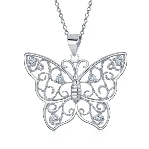 Large Filigree Butterfly Pendant Necklace with CZ Accents in Sterling Silver