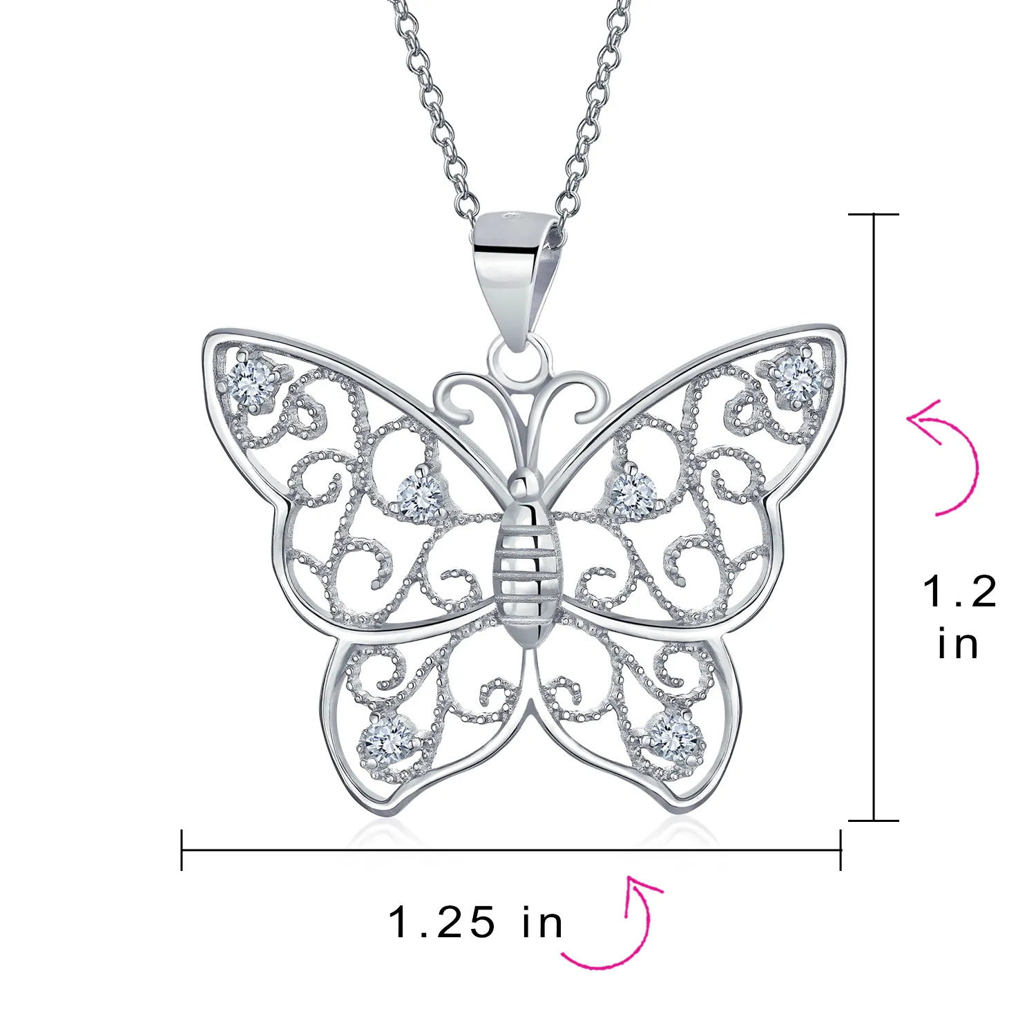 Large Filigree Butterfly Pendant Necklace with CZ Accents in Sterling Silver