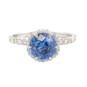 Luminous Blue Round Sapphire Diamond Halo Pave Ring in White Gold