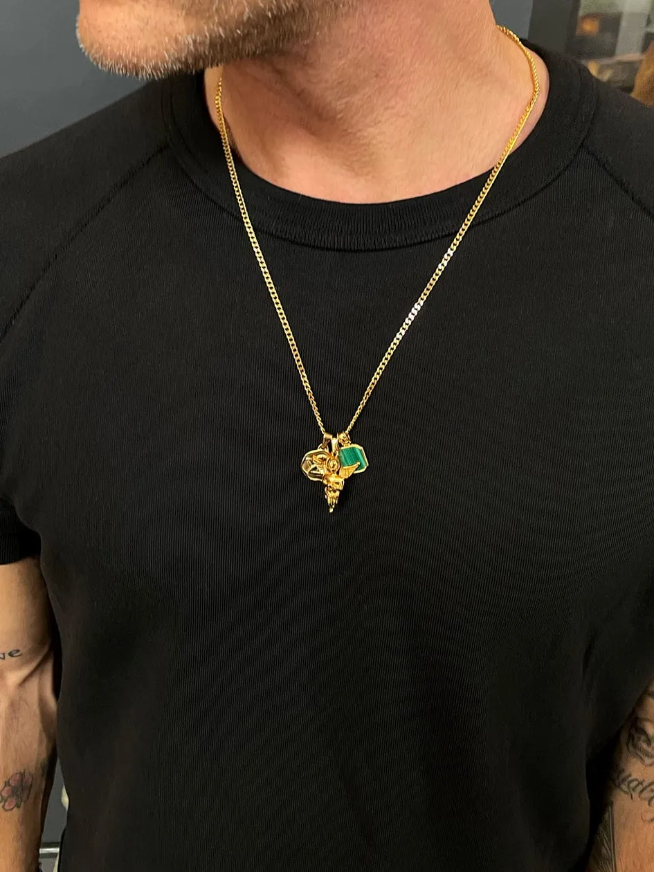 Men's Gold Talisman Necklace with Angel and Malachite Pendant