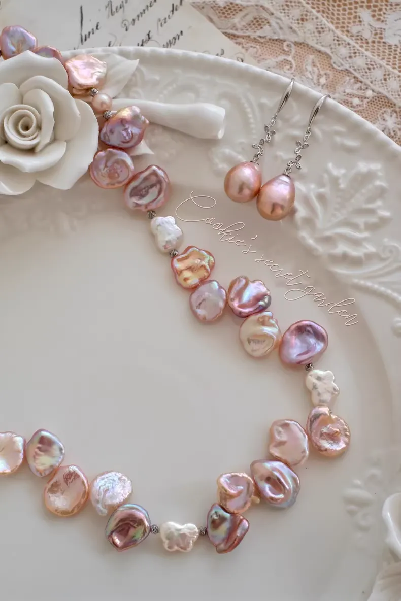 【Monet Garden Collection】 Handmade Peach Melody Baroque Pearl Earrings