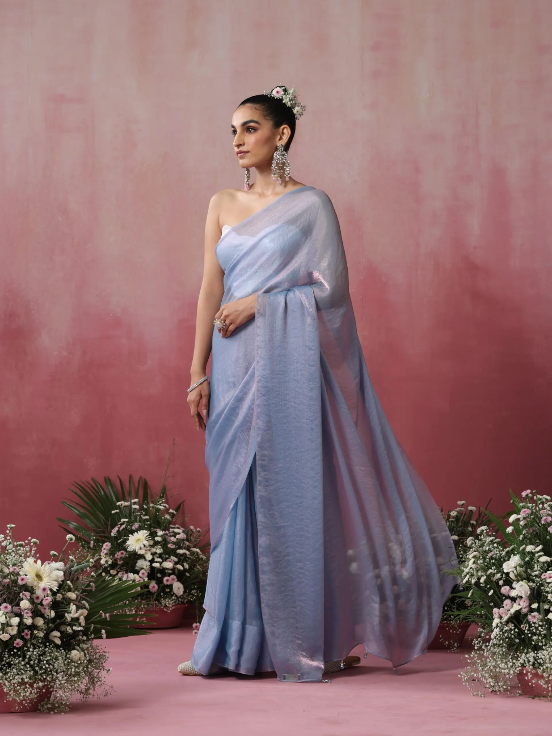 Moody Moon Metallic Satin Blue Pink Copper Saree