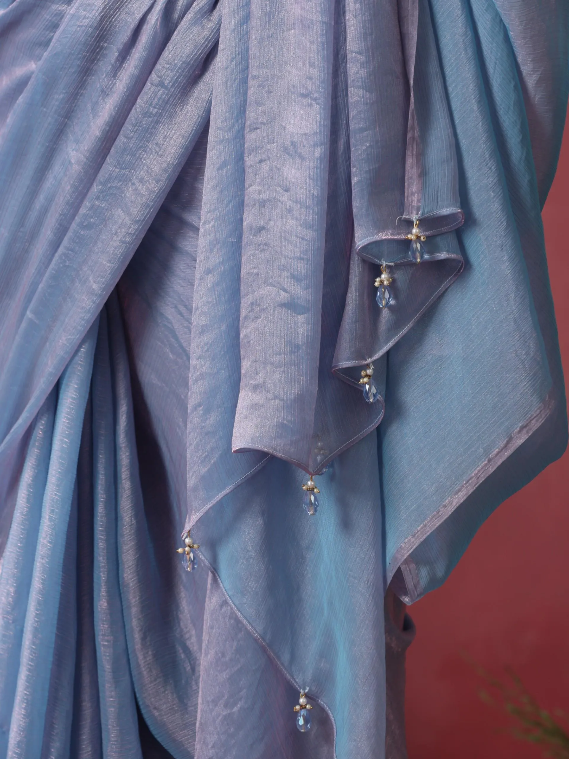 Moody Moon Metallic Satin Blue Pink Copper Saree