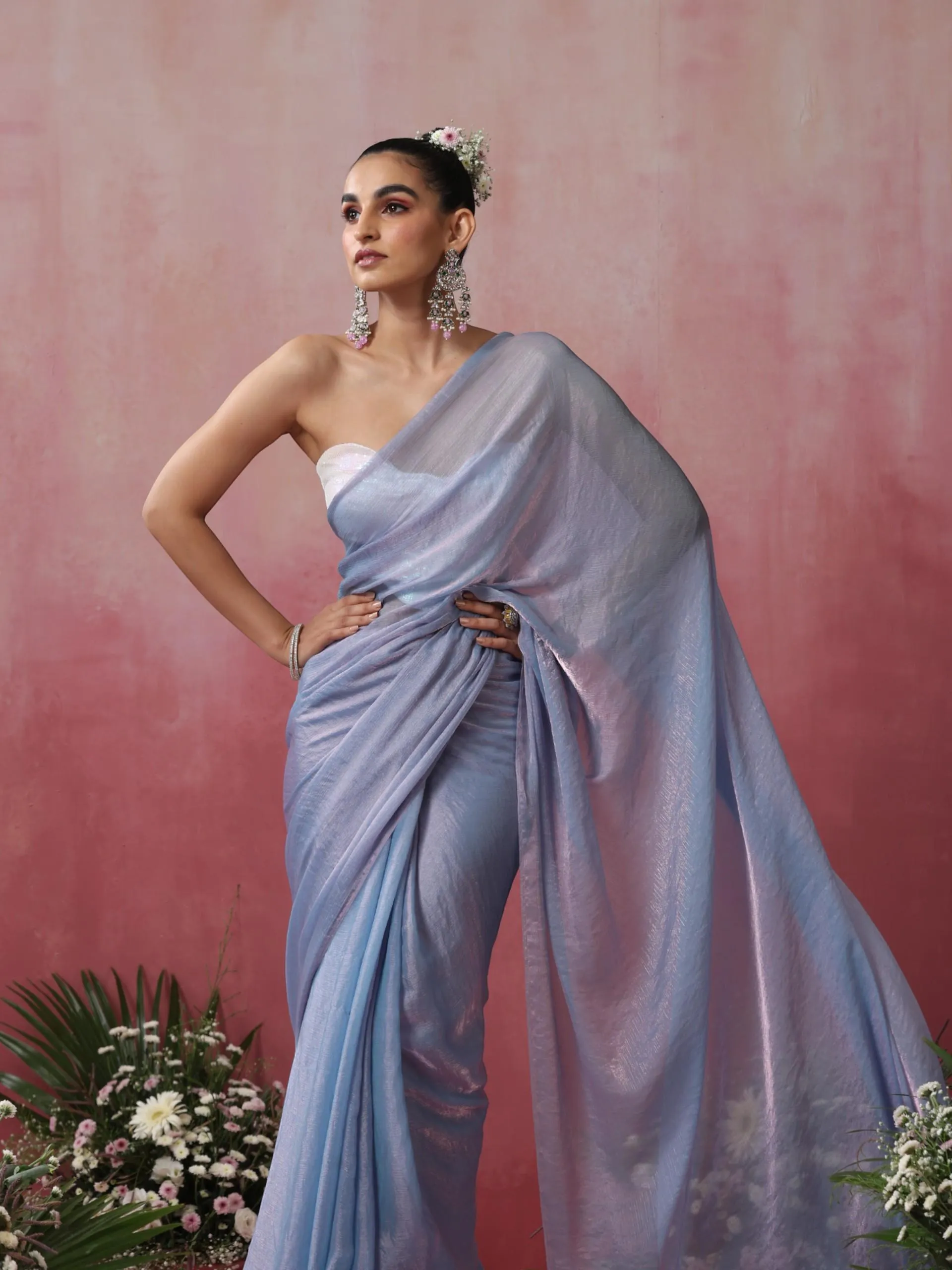 Moody Moon Metallic Satin Blue Pink Copper Saree