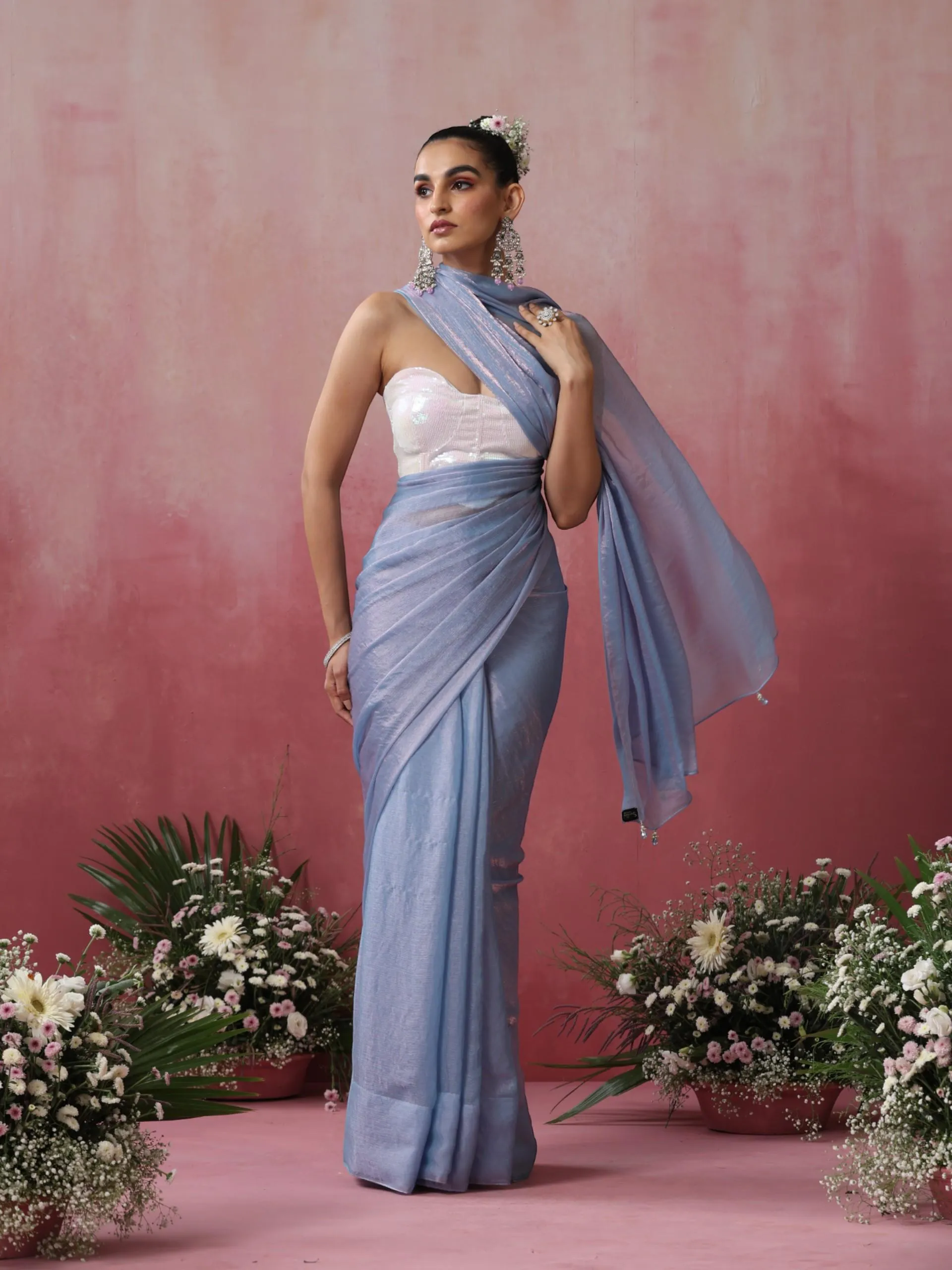 Moody Moon Metallic Satin Blue Pink Copper Saree