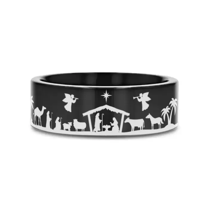 NATIVITY SCENE on Black Flat Tungsten Carbide Ring