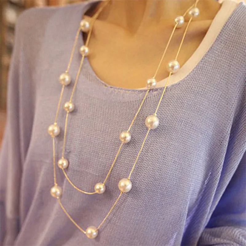 NK826 New 2017 Bijoux Cute Love Long Double Layers Chain Imitation Pearl Charm Pendant Necklace for Women Jewelry Statement Gift