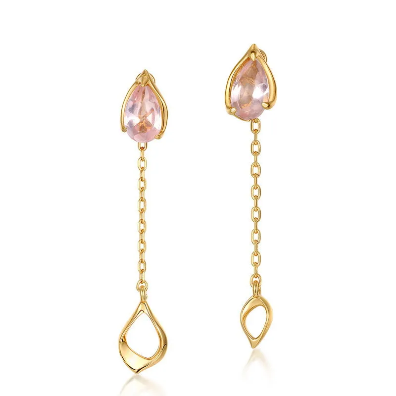 Pear Shape Pink Crystal Long Tassel Silver Drop Earrings