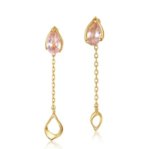 Pear Shape Pink Crystal Long Tassel Silver Drop Earrings