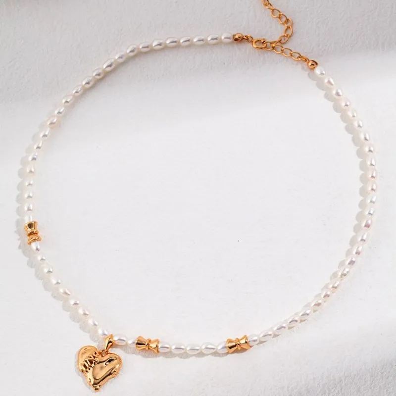 Pearl Necklace with Heart Pendant -Gold Vermeil