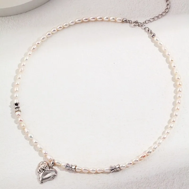 Pearl Necklace with Heart Pendant -Gold Vermeil