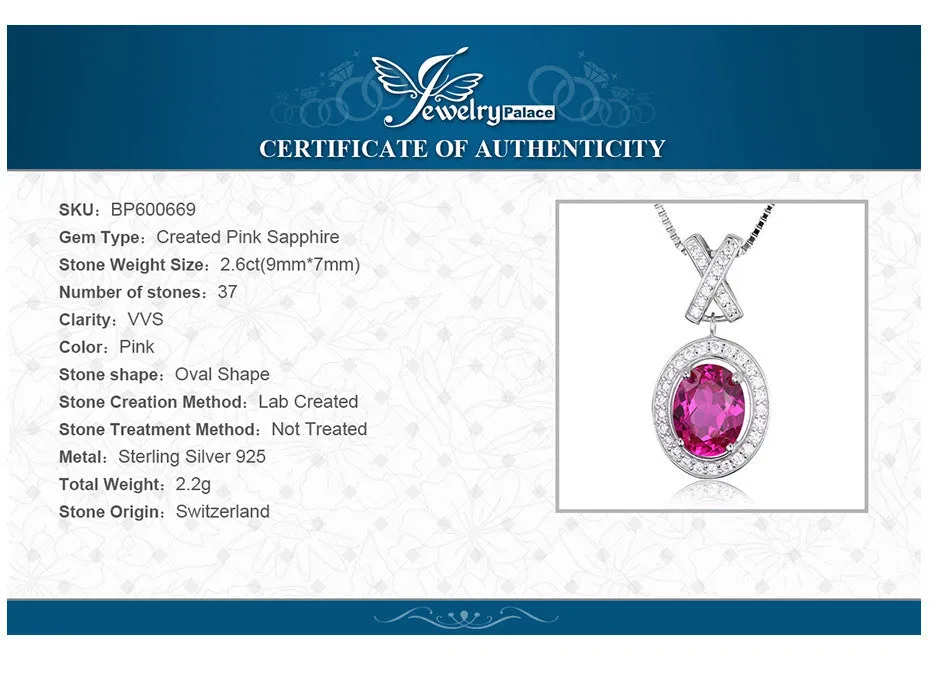 Pendant 2.7ct Oval Created Pink Sapphire Pendant 925 Sterling Silver Without a Chain