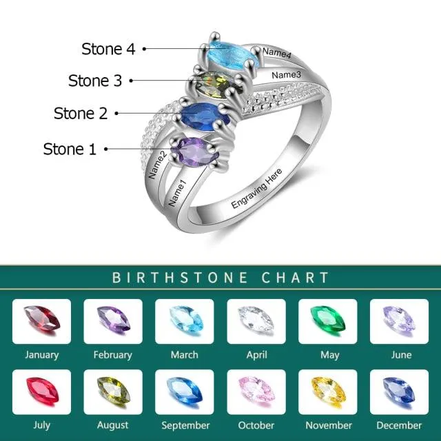 Personalized Solid Family Ring With 4 Birthstones, Custom 4 Name And 1 Inner Engraving Option With The Ring