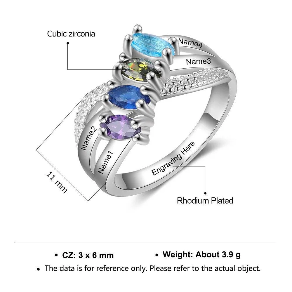 Personalized Solid Family Ring With 4 Birthstones, Custom 4 Name And 1 Inner Engraving Option With The Ring