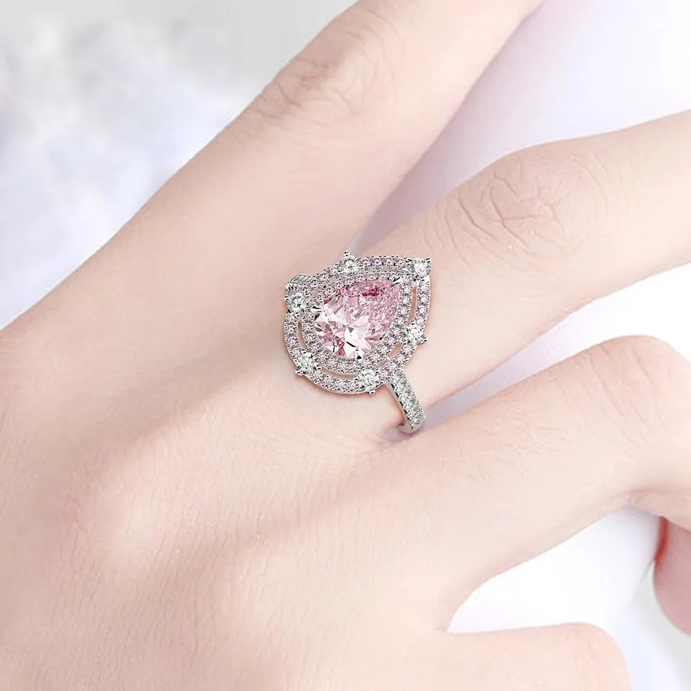 Pink 2.0 Carat Pear Cut Double Halo Sterling Silver Ring