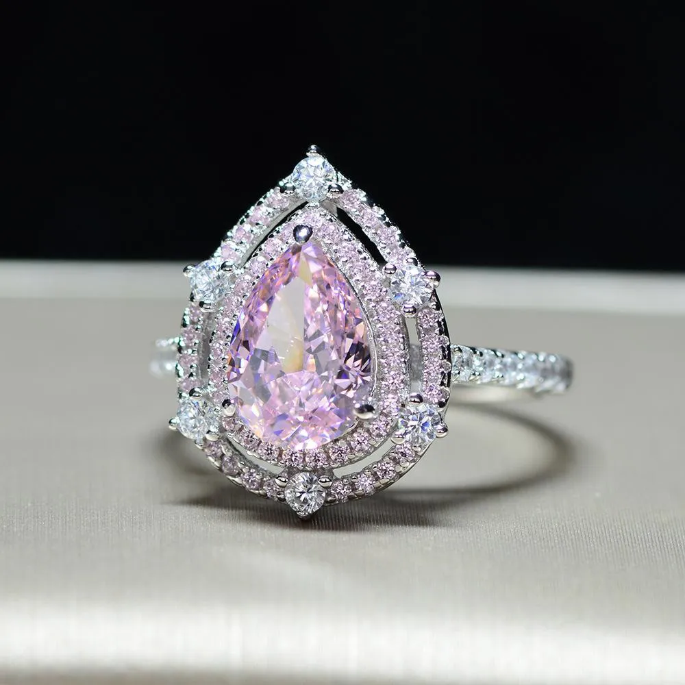 Pink 2.0 Carat Pear Cut Double Halo Sterling Silver Ring