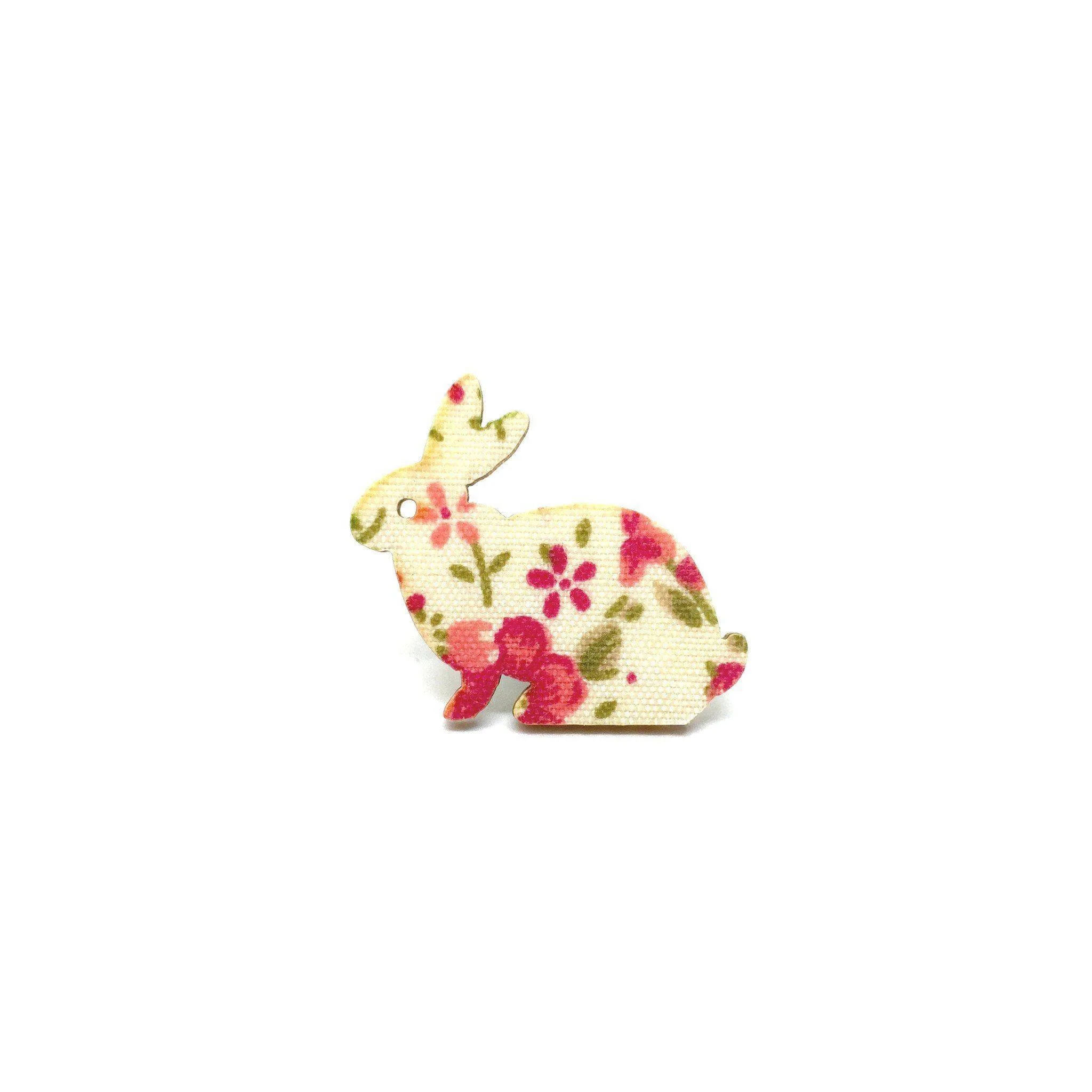 Pink Floral Rabbit Wooden Brooch