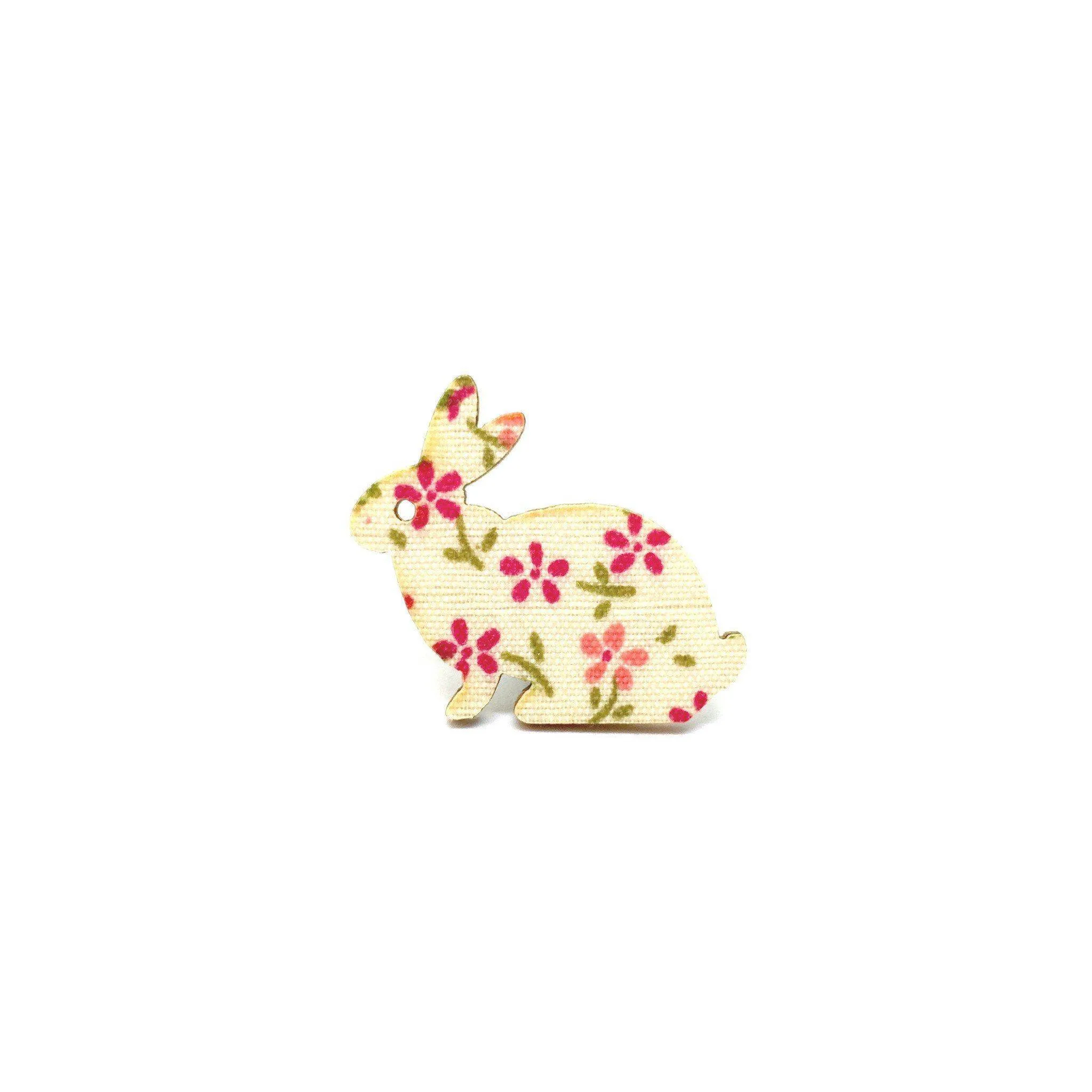 Pink Floral Rabbit Wooden Brooch