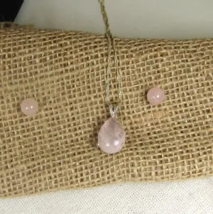 Pink Quartz Crystal Pendant Necklace & Stud Earrings