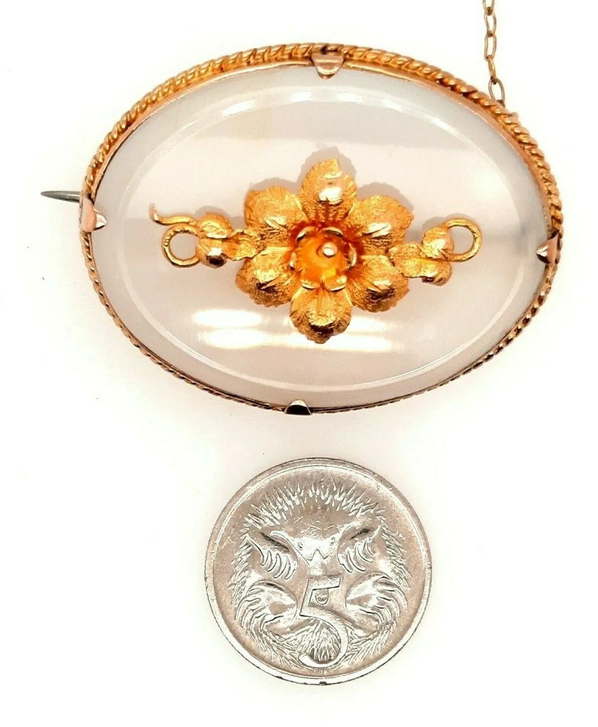 Quartz Gold Plated Brooch with Safety Chain & Pin