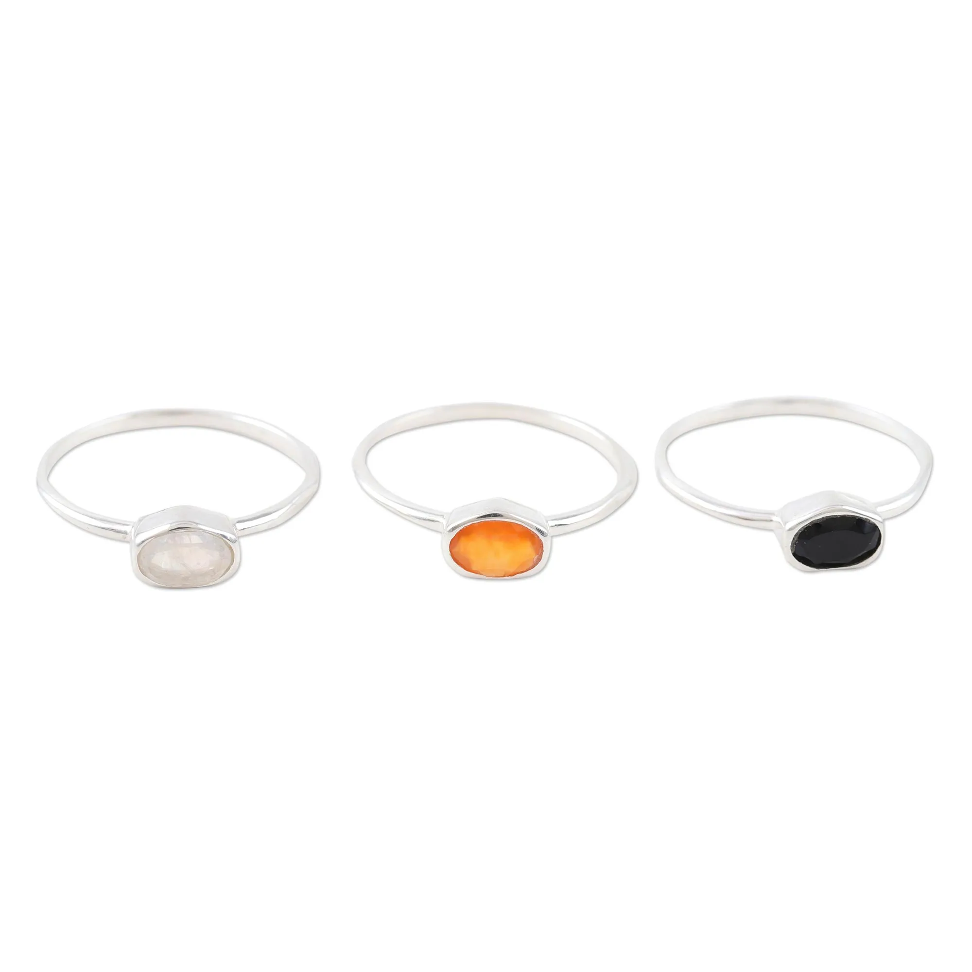 Rainbow Moonstone and Onyx Single Stone Rings (Set of 3) - Underground Rumor | NOVICA