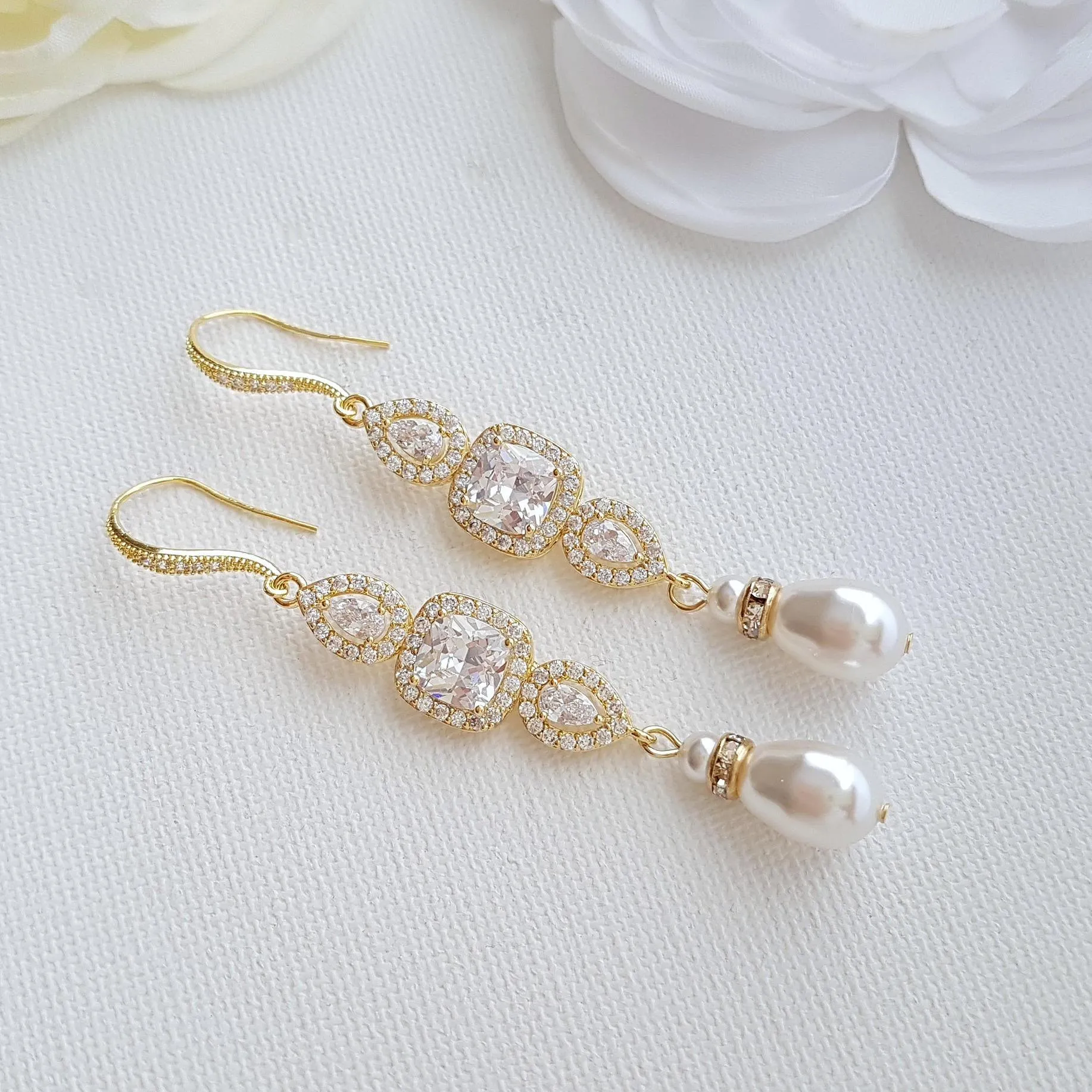 Rose Gold Pearl Drop Wedding Earrings-Gianna