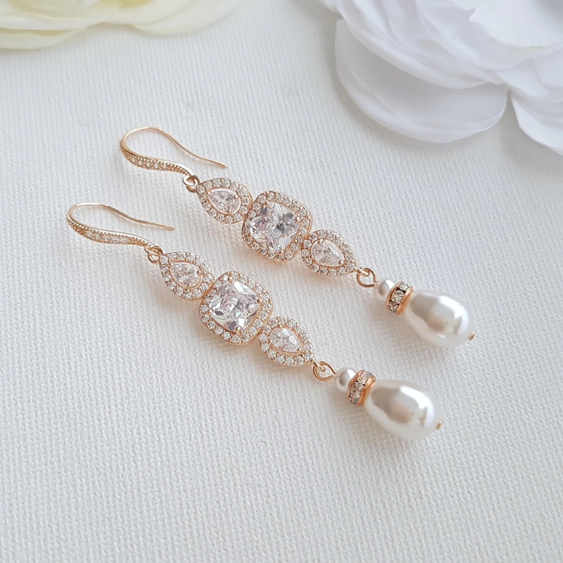 Rose Gold Pearl Drop Wedding Earrings-Gianna