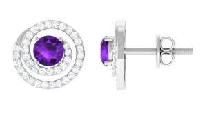 Round Amethyst and Diamond Contemporary Swirl Stud Earrings