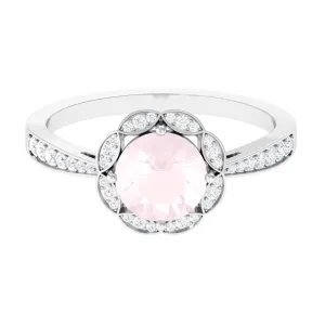 Round Rose Quartz and Diamond Designer Halo Engagement Ring