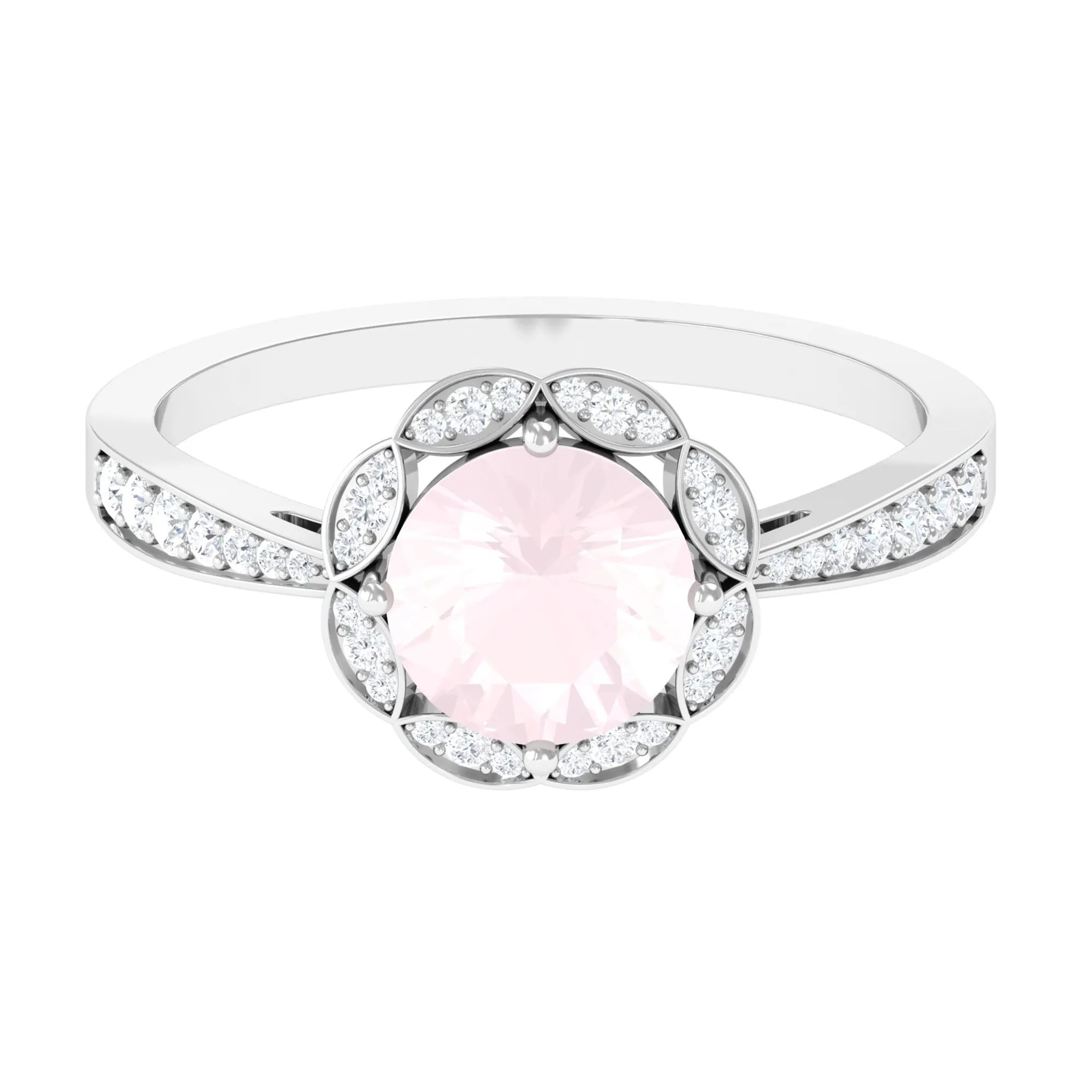 Round Rose Quartz and Diamond Designer Halo Engagement Ring