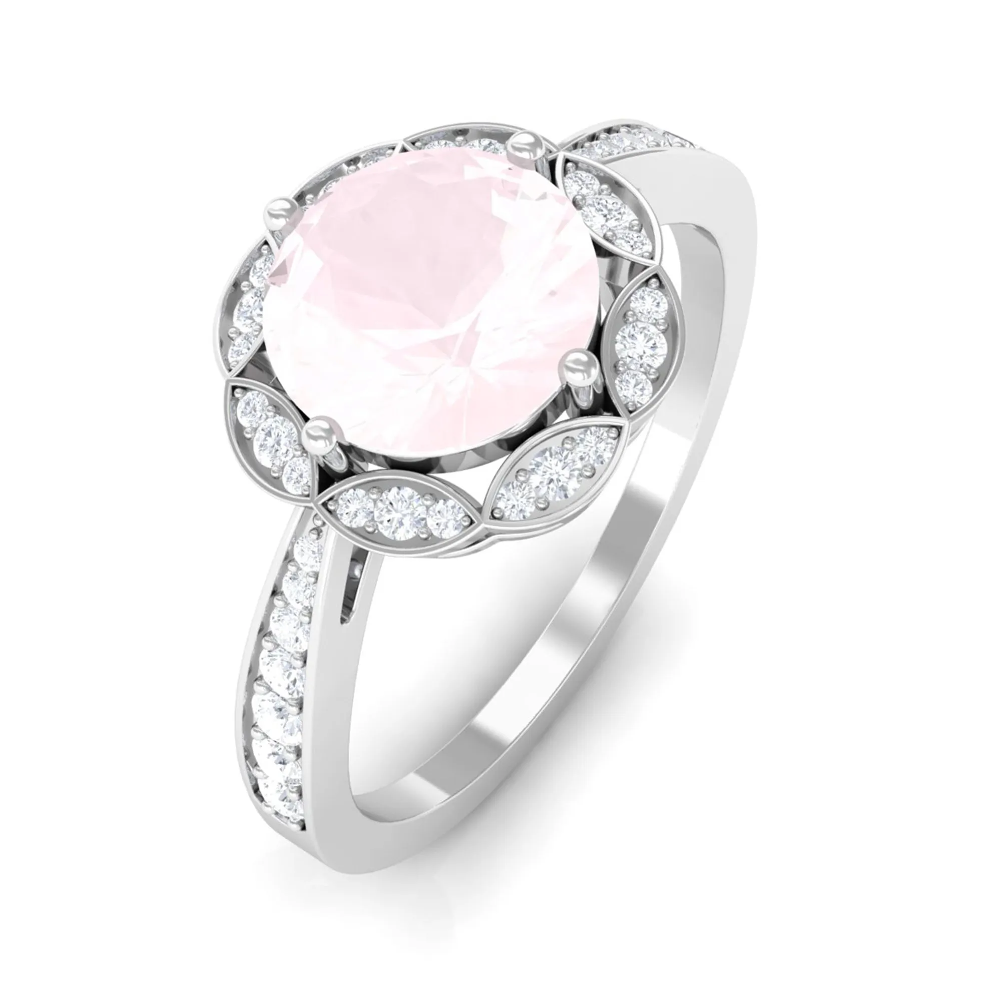 Round Rose Quartz and Diamond Designer Halo Engagement Ring