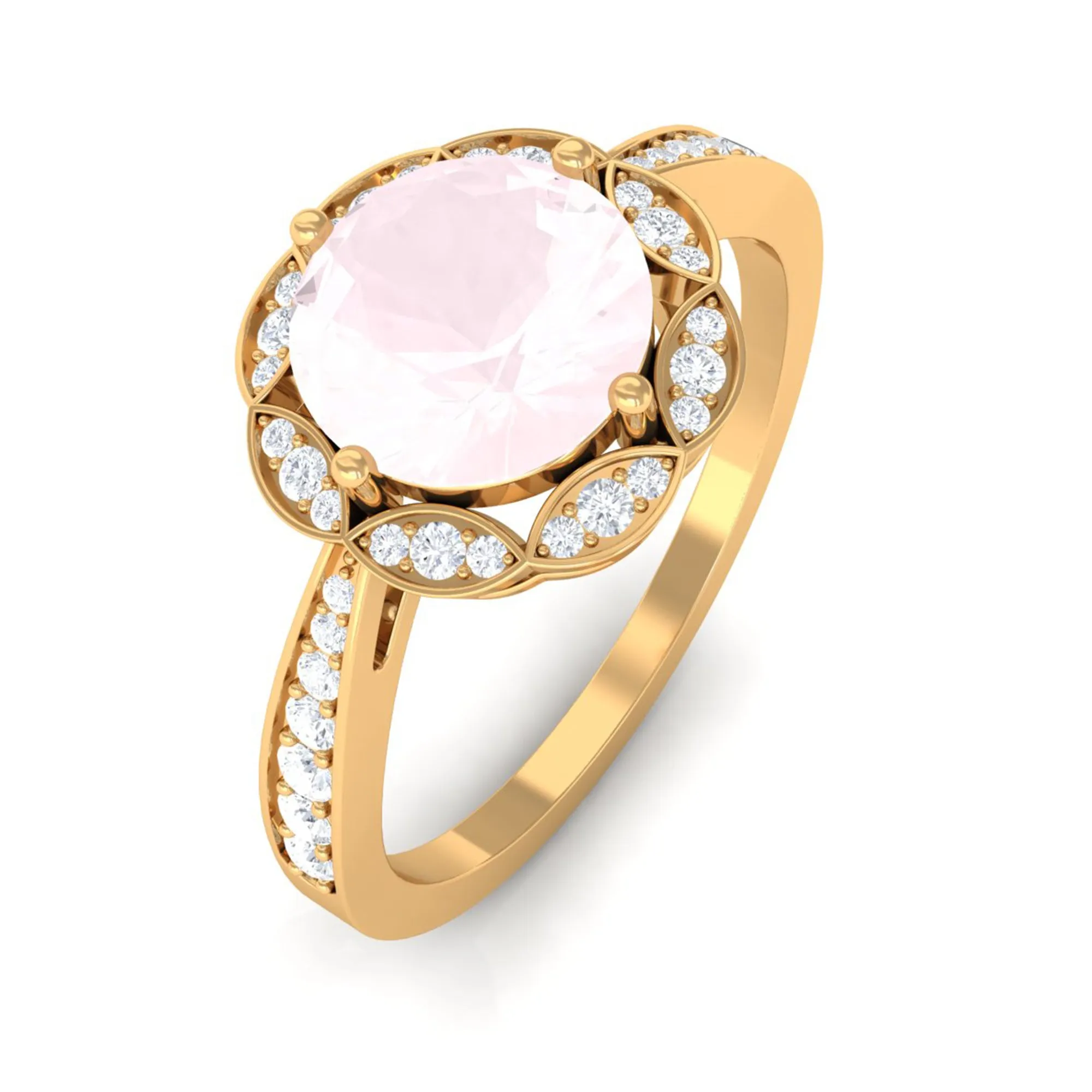 Round Rose Quartz and Diamond Designer Halo Engagement Ring